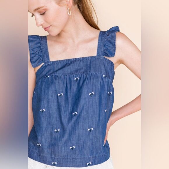 Harper Heritage Denim Ruffled Tank Top with Floral Embroidery | M - Picture 5 of 7